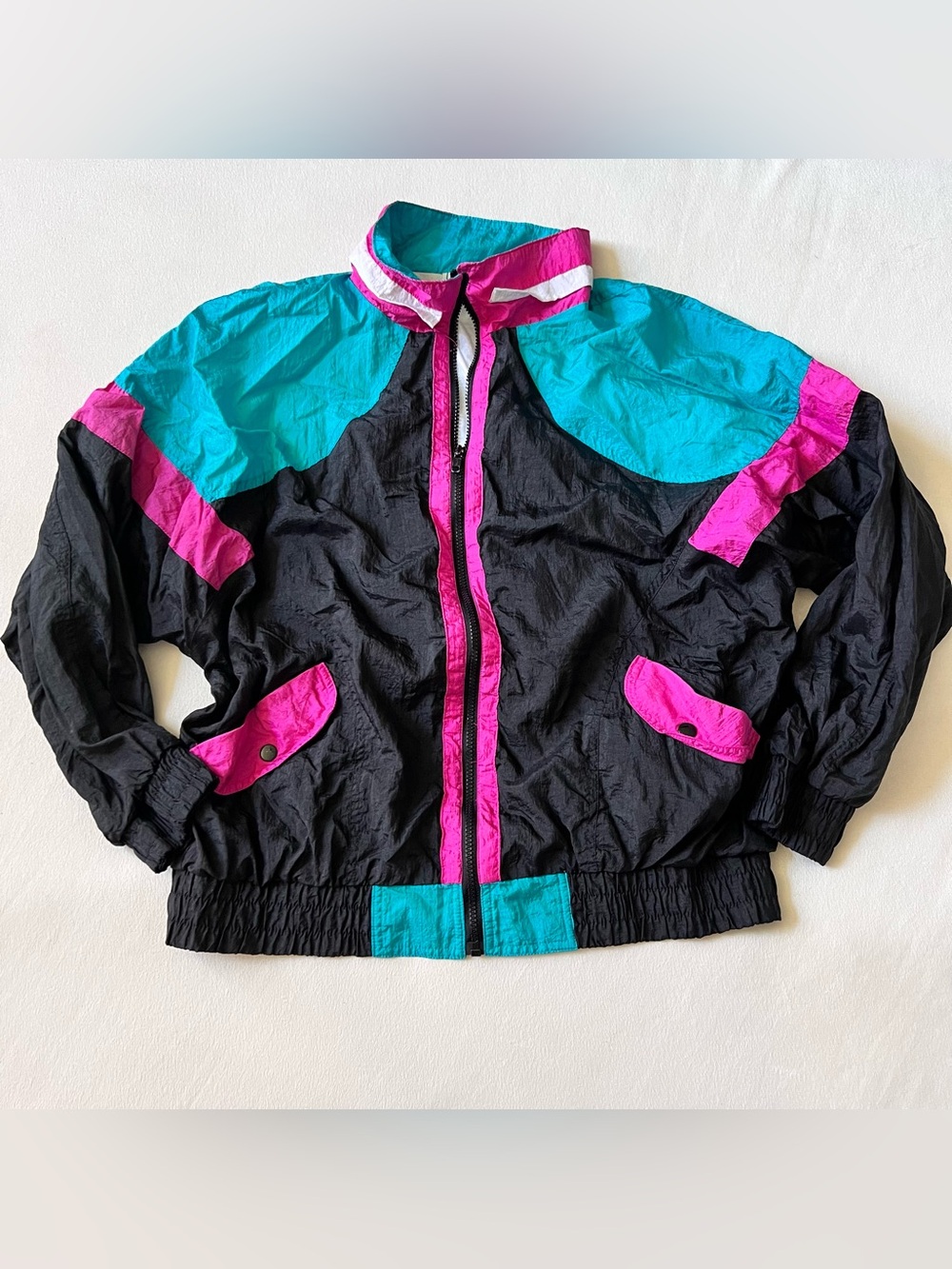 Vintage Men's Black Teal & Magenta Lightweight Jacket 90s bold colors bright
